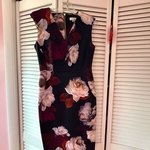 Calvin klein Floral Sheath Dress - Black with White & Burgundy Blooms